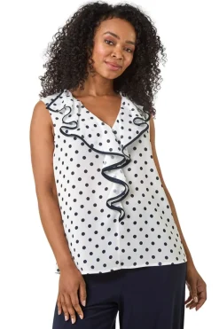 Roman White Petite Contrast Spot Print Frill Top