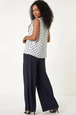 Roman White Petite Contrast Spot Print Frill Top