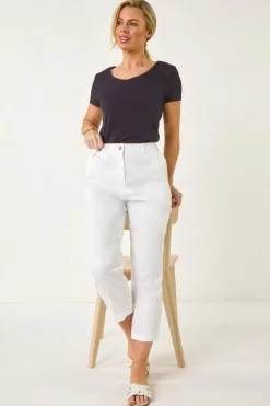 Roman White Petite Cotton Ankle Grazer Tapered Trousers