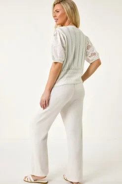 Roman White Petite Embroidered Sleeve Knit Cardigan