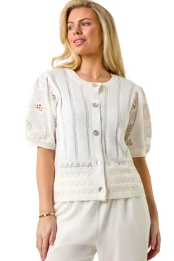 Roman White Petite Embroidered Sleeve Knit Cardigan