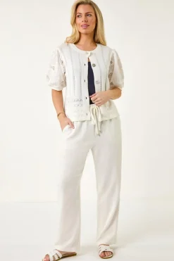 Roman White Petite Embroidered Sleeve Knit Cardigan