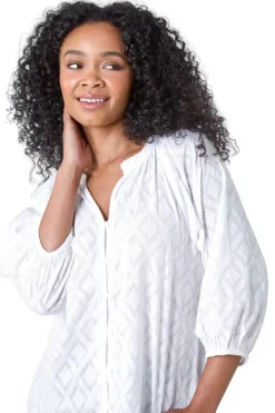 Roman White Petite Textured V Neck Cotton Blouse