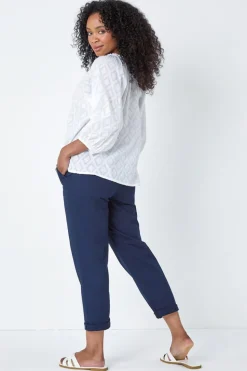 Roman White Petite Textured V Neck Cotton Blouse