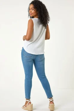 Roman White Petite V Neck Front Button Blouse