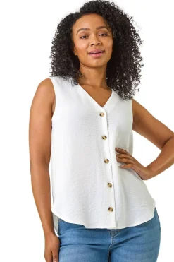 Roman White Petite V Neck Front Button Blouse