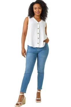 Roman White Petite V Neck Front Button Blouse