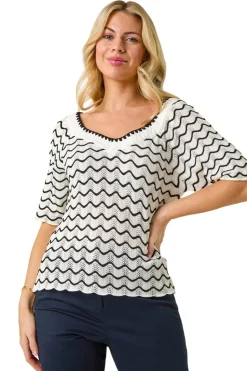 Roman White Petite Wave Print V-Neck Knit Jumper