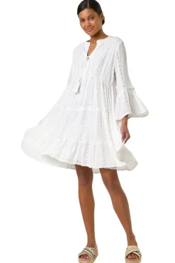 Roman White Shimmer Tie Detail Smock Dress