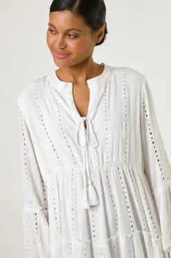 Roman White Shimmer Tie Detail Smock Dress