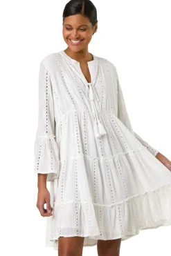 Roman White Shimmer Tie Detail Smock Dress