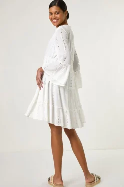 Roman White Shimmer Tie Detail Smock Dress