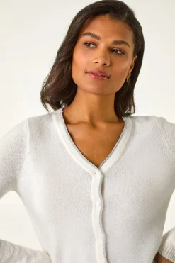 Roman White Shimmer V-Neck Ribbed Cardigan