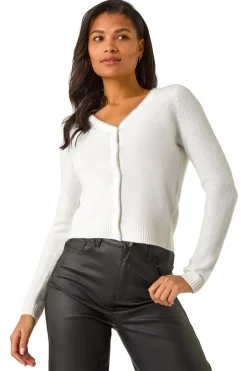 Roman White Shimmer V-Neck Ribbed Cardigan