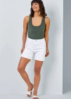 Roman White Stretch Denim Mom Shorts