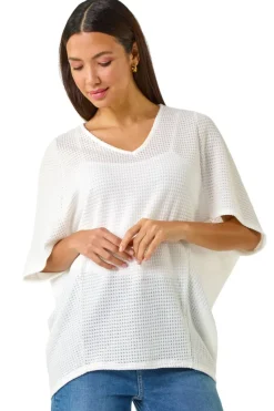 Roman White Textured V-Neck Cocoon Stretch Top