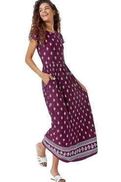 Roman Wine Paisley Border Print Stretch Maxi Dress