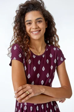 Roman Wine Paisley Border Print Stretch Maxi Dress