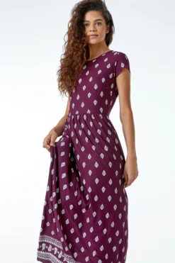 Roman Wine Paisley Border Print Stretch Maxi Dress