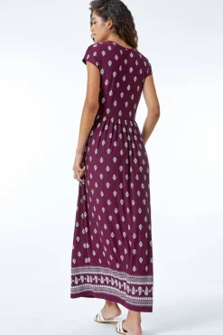 Roman Wine Paisley Border Print Stretch Maxi Dress