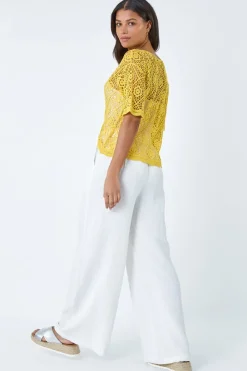 Roman Yellow Cotton Crochet T-Shirt