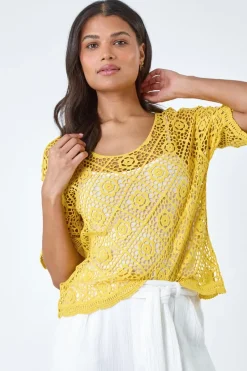 Roman Yellow Cotton Crochet T-Shirt
