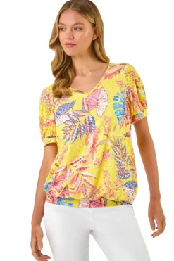 Roman Yellow Floral Print Bubble Hem Tee