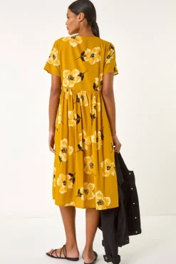 Roman Yellow Floral Print Smock Midi Dress