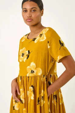 Roman Yellow Floral Print Smock Midi Dress