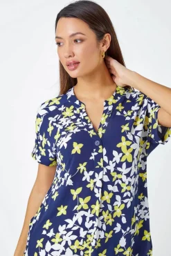 Roman Yellow Floral Puff Print V-Neck Pleat Front Top