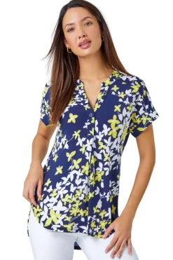 Roman Yellow Floral Puff Print V-Neck Pleat Front Top