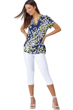 Roman Yellow Floral Puff Print V-Neck Pleat Front Top