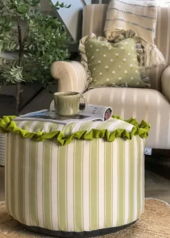 rucomfy Printed Striped Olive Green Frilled Pouffe
