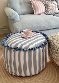 rucomfy Printed Striped Seafoam Blue Frilled Pouffe