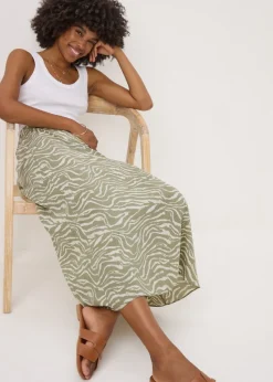 Sage Animal Print Flared Midi Skirt