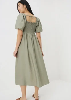 Sage Green Shirred Puff Sleeve Midi Dress