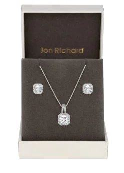 Silver Plated Cubic Zirconia Square Drop Pendant And Earring Set - Gift Boxed