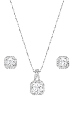 Silver Plated Cubic Zirconia Square Drop Pendant And Earring Set - Gift Boxed