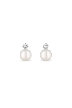 Simply Silver Recycled Sterling Silver 925 Pearl and Cubic Zirconia Stud Earrings