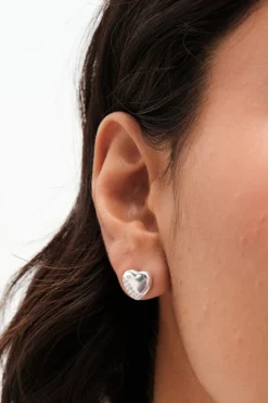 Simply Silver Sterling Silver 925 Polished and Pave Heart Stud Earrings