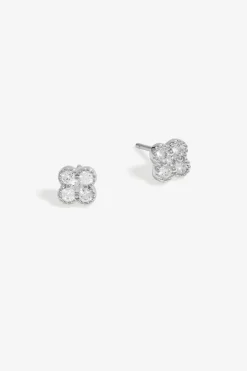 Simply Silver Sterling Silver 925 Polished & Cubic Zirconia Pave Clover Stud Earrings