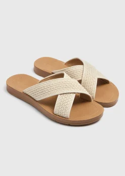 Soleflex Stone Raffia Cross Strap Slider Sandals