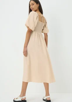 Stone Shirred Puff Sleeve Midi Dress