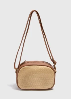 Tan Straw Camera Cross Body Bag