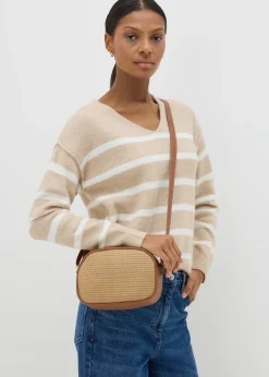 Tan Straw Camera Cross Body Bag