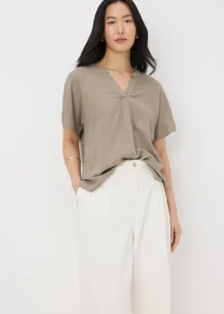 Taupe Linen Blend V-Neck Top