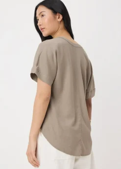 Taupe Linen Blend V-Neck Top