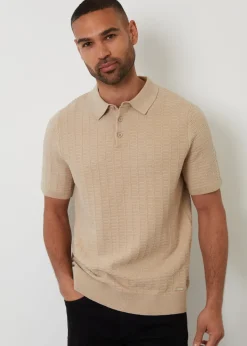 Threadbare Beige Cotton Mix Short Sleeve Textured Knitted Polo Shirt