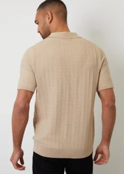 Threadbare Beige Cotton Mix Short Sleeve Textured Knitted Polo Shirt