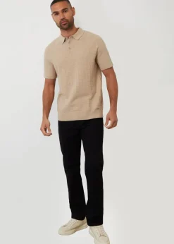 Threadbare Beige Cotton Mix Short Sleeve Textured Knitted Polo Shirt